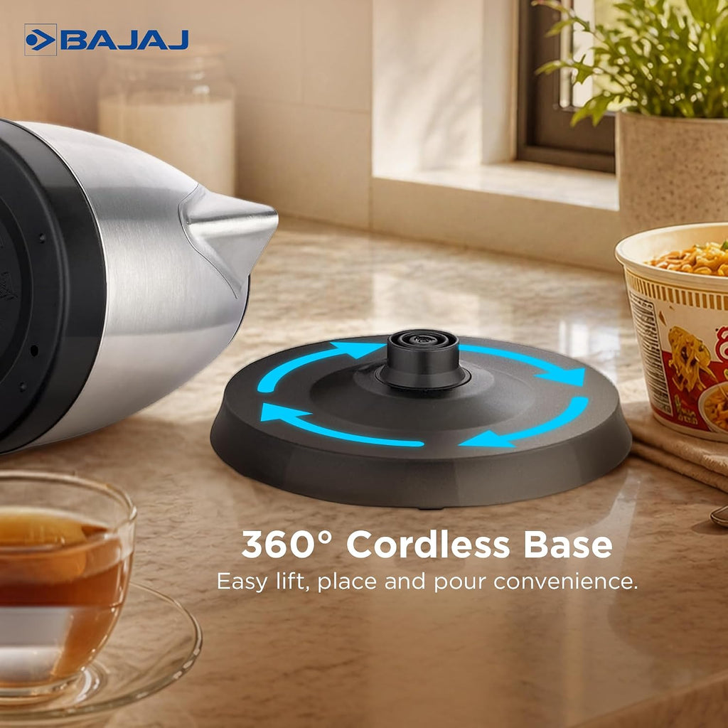 Bajaj KTX 1.5 Litre DLX Electric Kettle | 1350W Kettle With Stainless Steel Body | Cordless Operation | Auto Shut-Off Mechanism | 2-Yr Warranty 【Silver & Black】