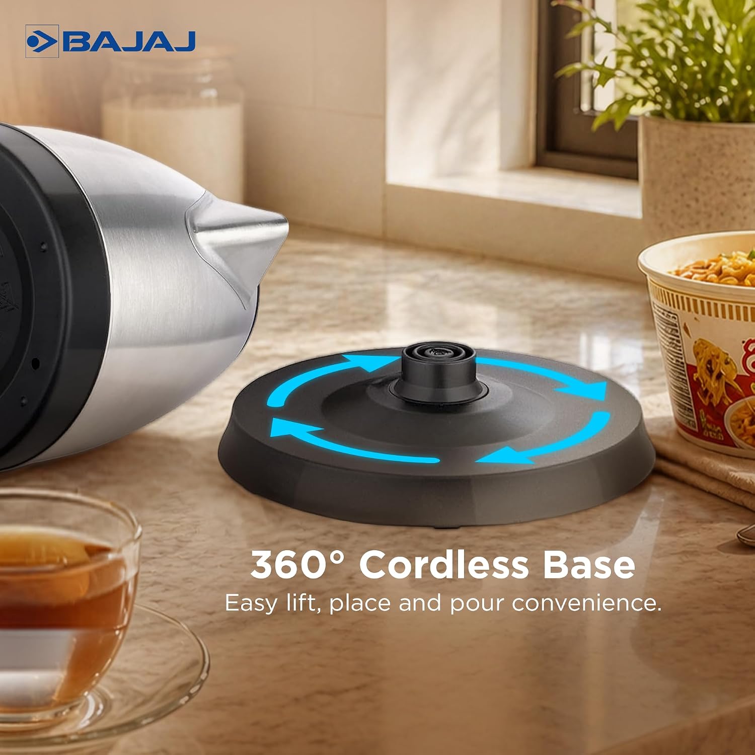 Bajaj KTX 1.5 Litre DLX Electric Kettle | 1350W Kettle With Stainless Steel Body | Cordless Operation | Auto Shut-Off Mechanism | 2-Yr Warranty 【Silver & Black】