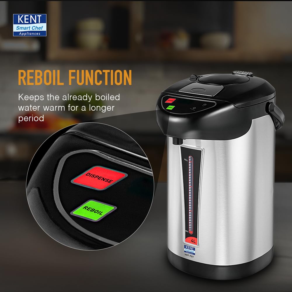 KENT Hot Pot Auto Electric Kettle with Water Dispenser 4 Liters Storage Capacity 750 Watts Appliance Inner Pot & Plastic Outer Body Reboil Feature Overheating Protection Silver