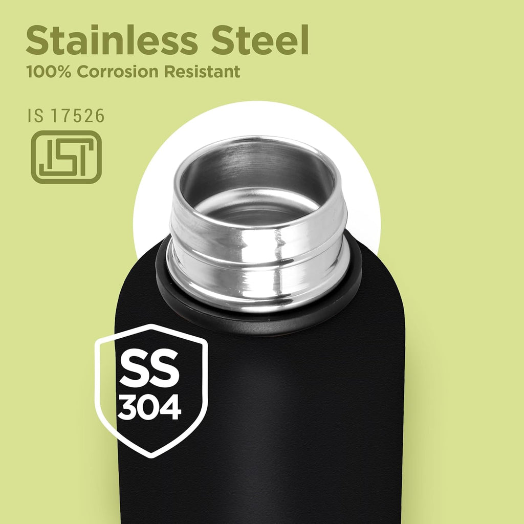 Milton Artedge 1000 Thermosteel ISI Certified Water Bottle, 1000 ml Stainless Steel, 24 Hr Hot and Cold I Leak Proof, Vacuum Insulation, for Office, School, Gym, Black Iron MAN