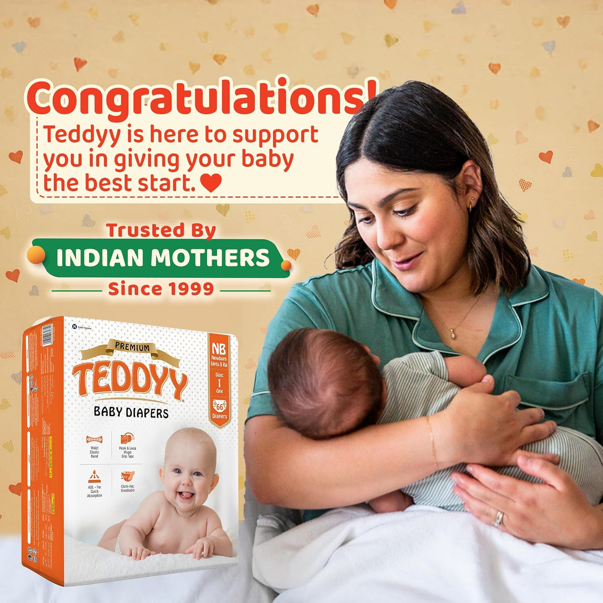 TEDDYY Premium Baby NB Size Diaper Tape Style | 66 Count (New Born)