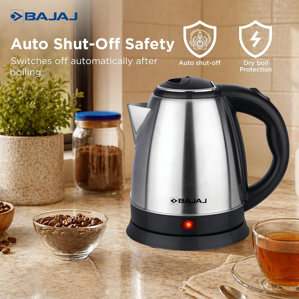 Bajaj KTX 1.5 Litre DLX Electric Kettle | 1350W Kettle With Stainless Steel Body | Cordless Operation | Auto Shut-Off Mechanism | 2-Yr Warranty 【Silver & Black】