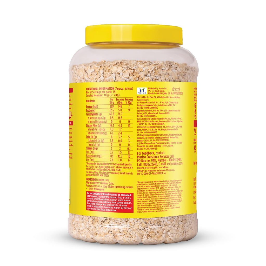 Saffola Rolled Oats | 1kg Jar | Soft & Creamy | Power of Protein, Iron & Fibre, Nutritious grain | No added sugar & Preservatives | Helps manage weight | Aids Digestion (Pack of 2)