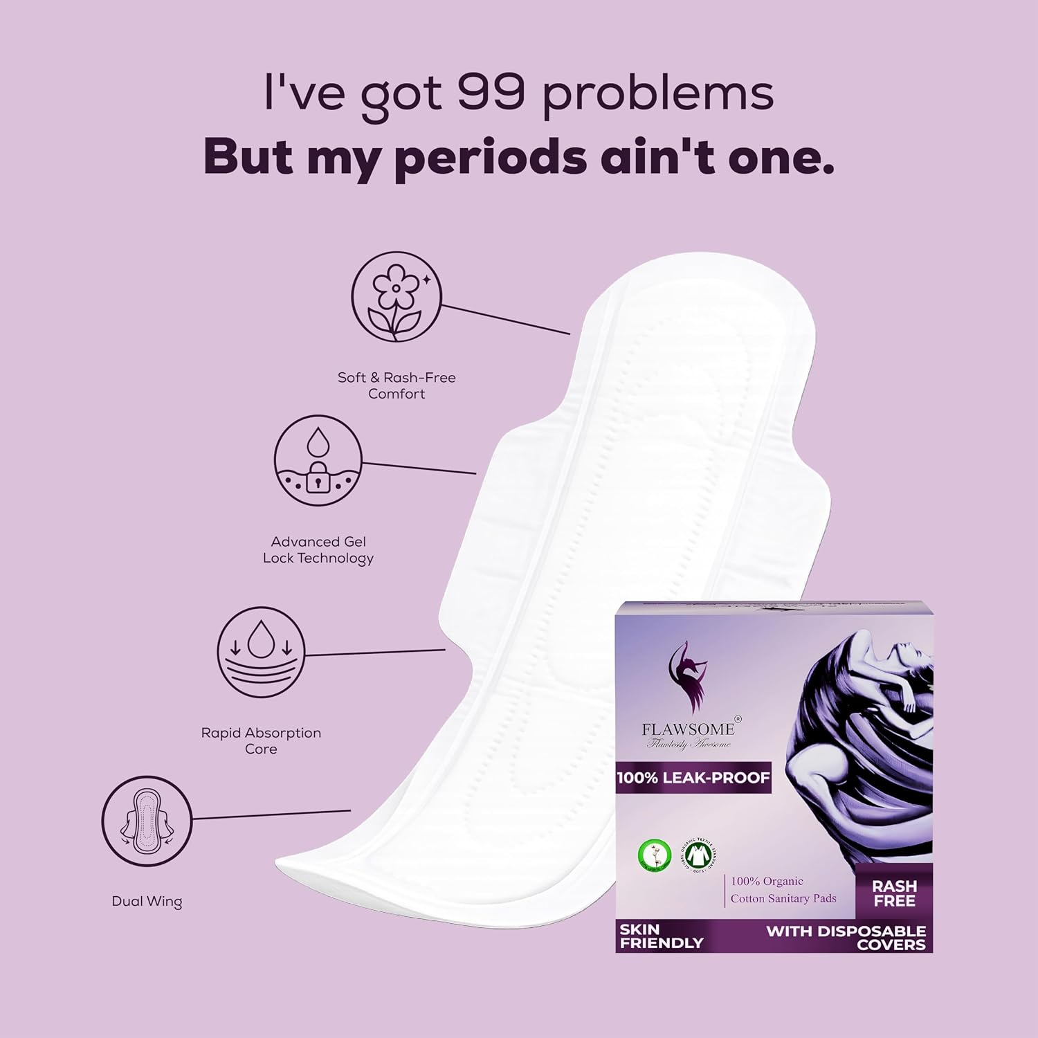 Flawsome Organic Cotton Sanitary Pads for Women | XL Size, Pack of 20 | Heavy Flow Protection | Ultra Soft, Rash-Free & Breathable | Leak-Proof | Super Absorbent Period Pads for Sensitive Skin (XL, Pack of 20)