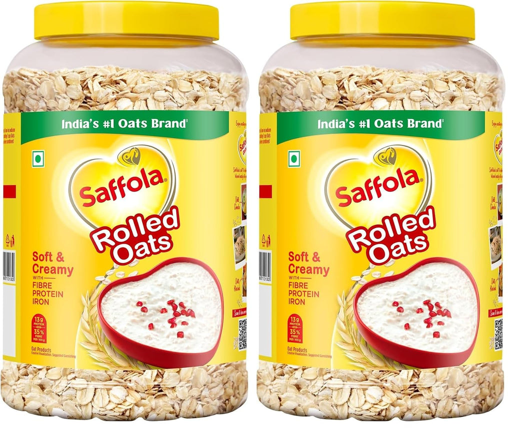 Saffola Rolled Oats | 1kg Jar | Soft & Creamy | Power of Protein, Iron & Fibre, Nutritious grain | No added sugar & Preservatives | Helps manage weight | Aids Digestion (Pack of 2)