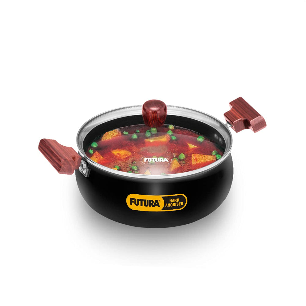 Hawkins Futura 3 Litre Cook N Serve Handi, Hard Anodised Biryani Handi with Glass Lid Non-Stick Saucepan, Sauce Pan, Black (Ach30G)