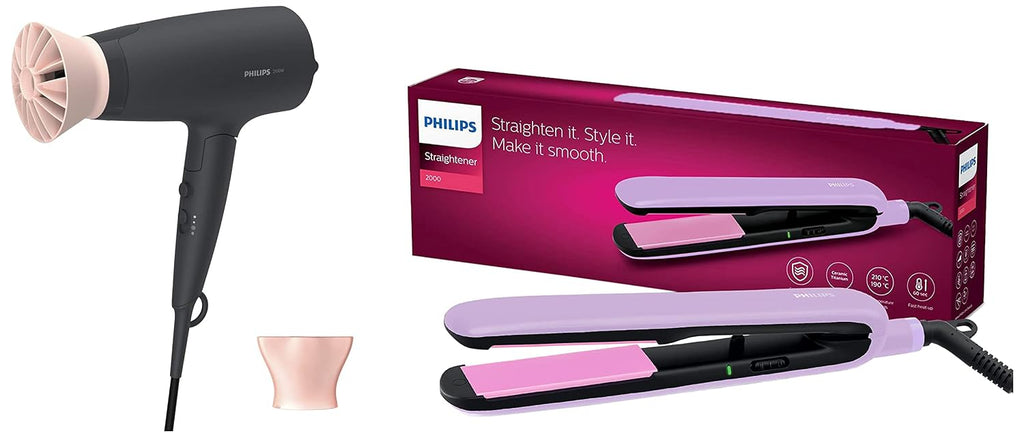Philips Professional Hair Dryer BHD356/10 2100 Watts Thermoprotect Air Flower Advanced Ionic Care 6 Heat & Speed Settings-Black & BHS393/40 Straightener with SilkProtect Technology