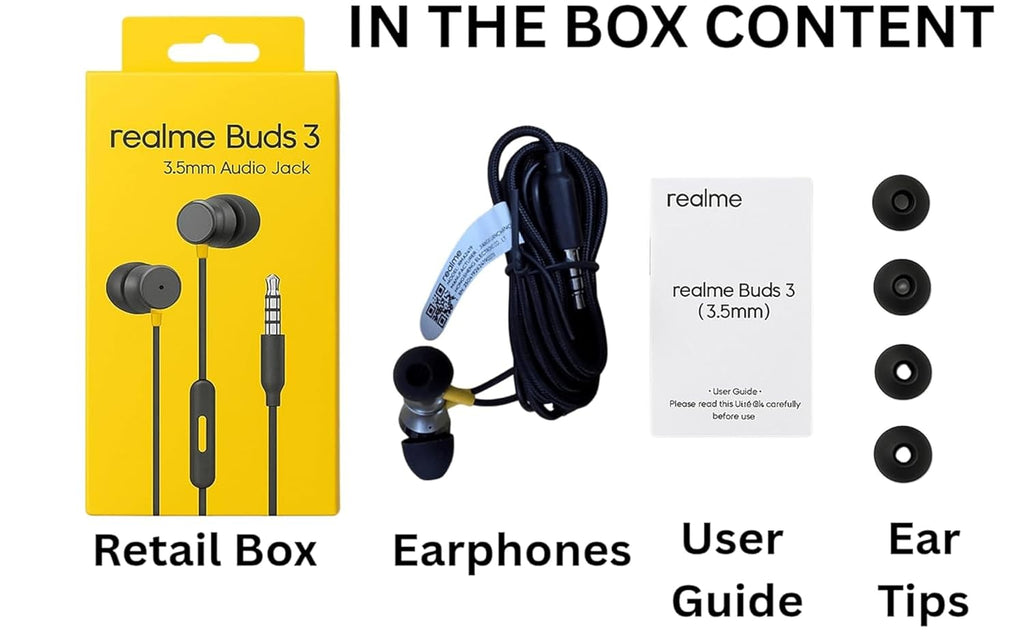 realme Buds 3 Wired Earphones with Mic (Black) | 9mm Dynamic Driver | 3.5mm Jack | Single Button Control | Braided Tangle-Free Cable | Model RMA2419 (Buds 3 3.5mm Wired Earphone, Color Black) In Ear