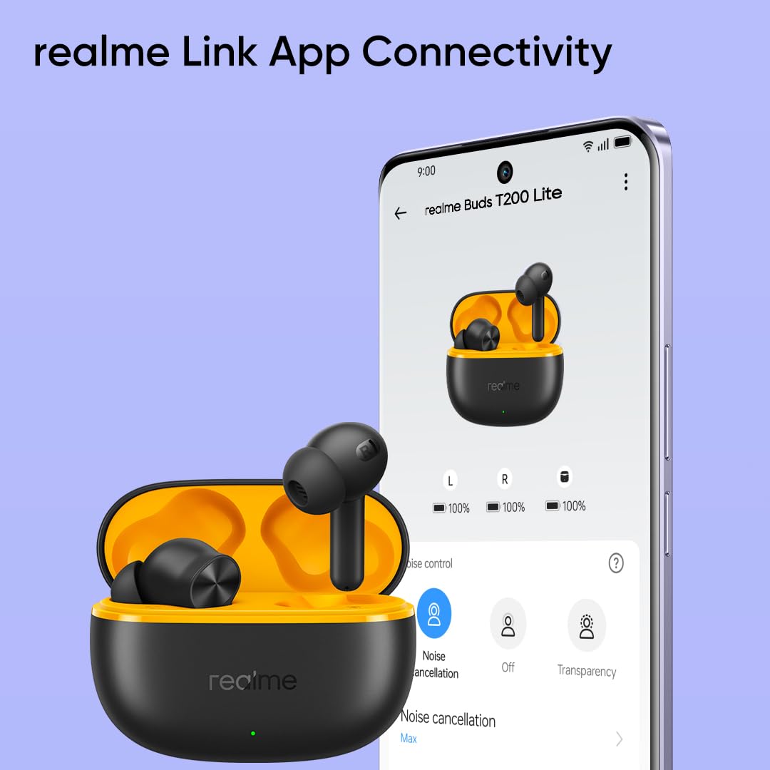 realme Buds T200 Lite Bluetooth in Ear Earbuds,4 Mic, AI ENC for Calls,48 Hours Total Playback with Fast Charging and Low Latency Gaming TWS,Google Fast Pair, with mic (Volt Black)