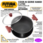 Hawkins Futura 4 Litre Cook n Serve Handi, Hard Anodised Biryani Handi with Glass Lid, Saucepan, Sauce Pan, Black (ACH40G)