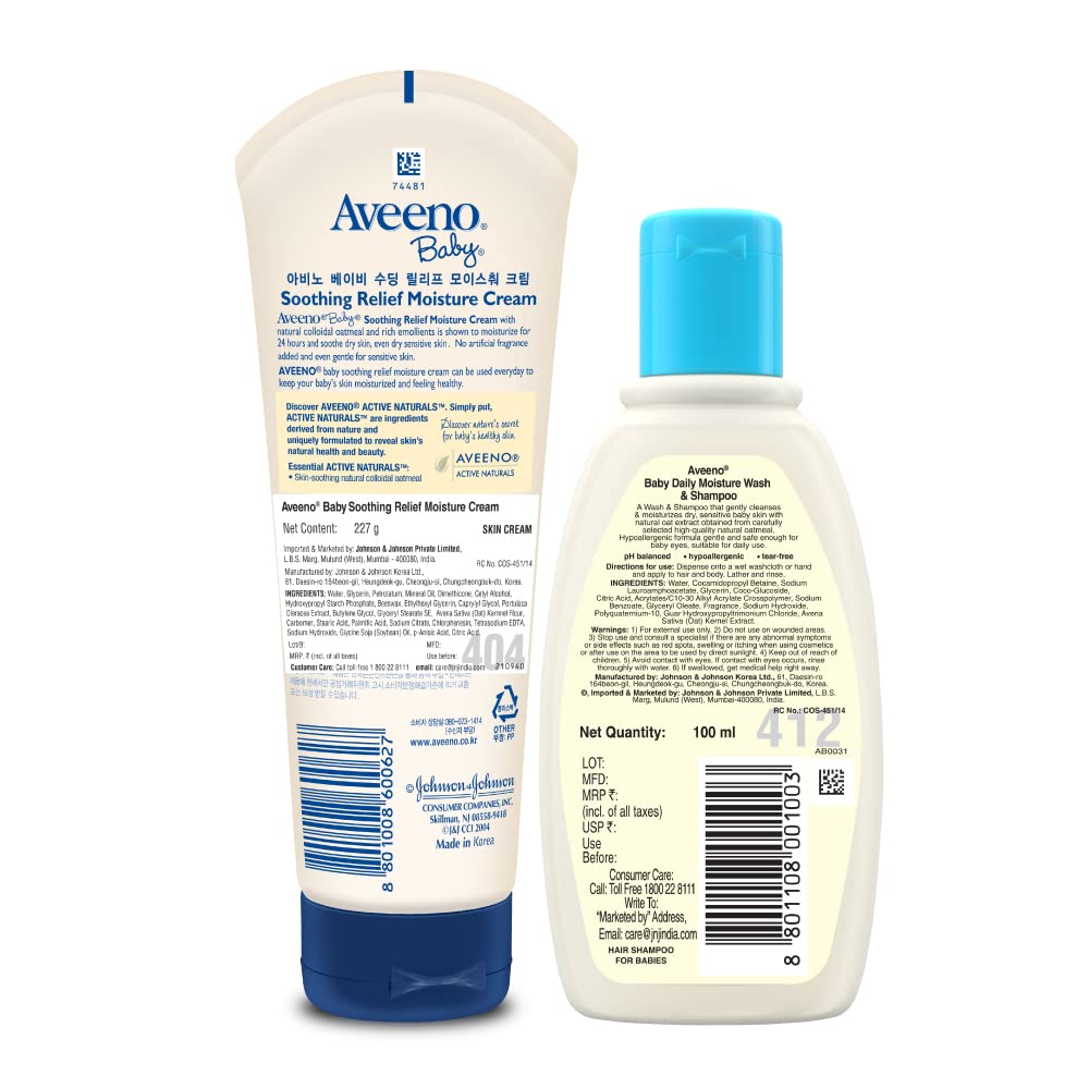 Combo pack Aveeno Baby Soothing Relief Moisture Cream (227g) + Wash and Shampoo (100ml) | With natural oat extract | Hypoallergenic, pediatrician recommended | Cleanses, nourishes, soothes & protects baby's sensitive skin
