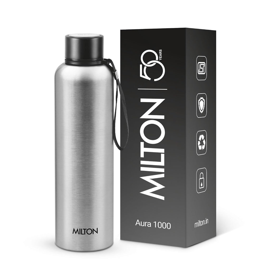 Milton Aura 1000 Thermosteel Water Bottle, 24 Hr Hot and Cold I Leak Proof Lid, ISI Certified I Vacuum Insulated I for Office, Gym, School I Silver