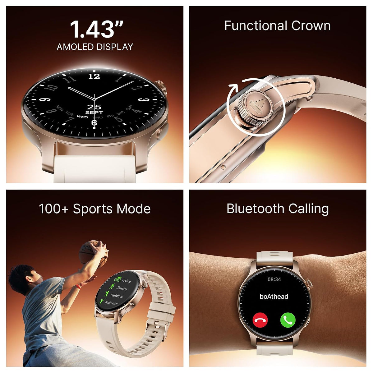 boAt Ultima Prime smartwatch with 1.43” AMOLED Display, AOD, Personalized Fitness Nudges, Functional Crown,100+ Sports Modes, Create Your Own Watchface, smartwatch for man and Woman (Rose Gold)