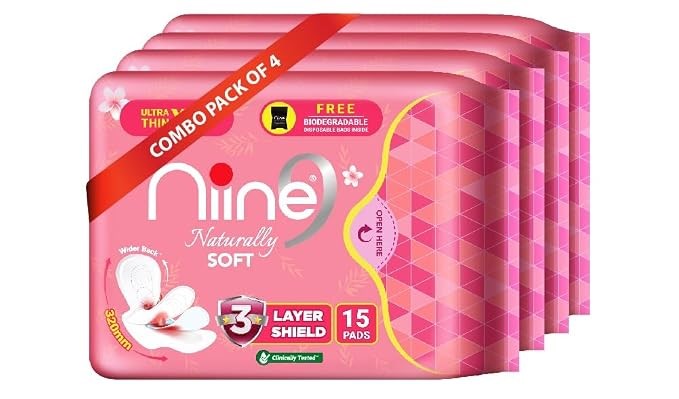 NIINE Naturally Soft Ultra Thin XL+ Sanitary Napkins for Heavy Flow (Pack of 4) 60 Pads with Free Biodegradable Disposal Bags