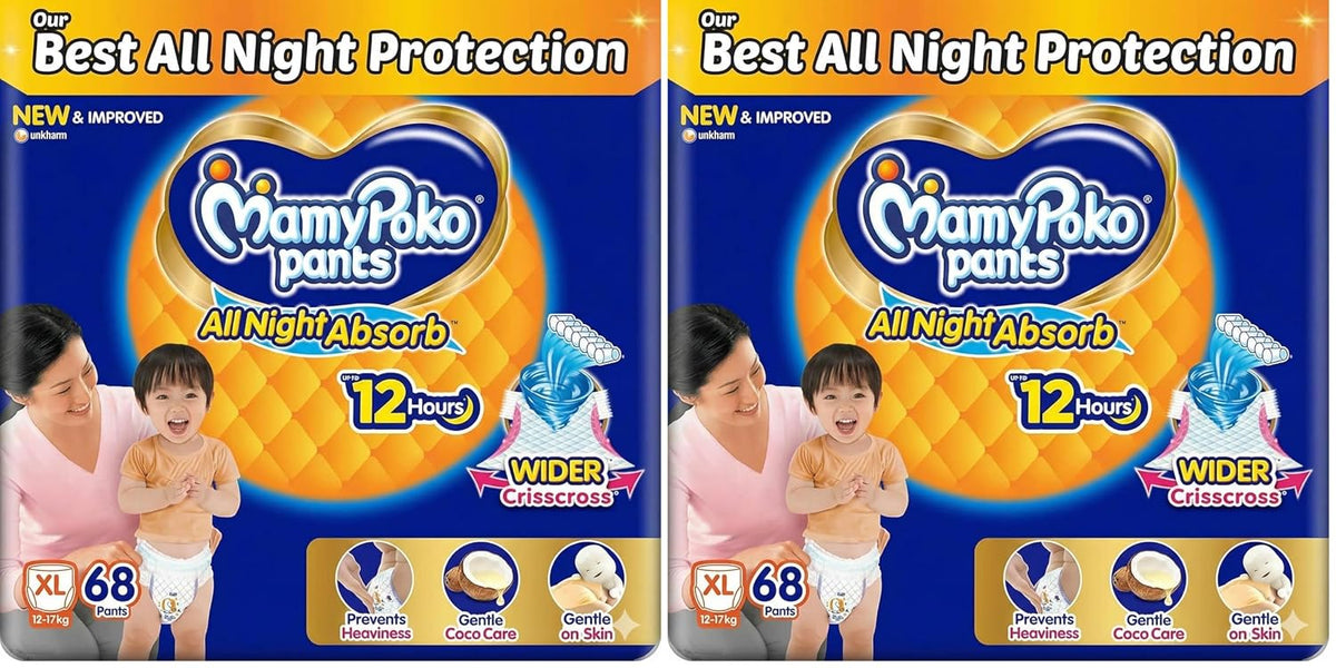 Mamypoko pants All night absorb| Pant Style Baby Diapers X- Large Size(XL), 68 Count, Ideal for 12-17Kgs|1 Diaper: Upto All night Absorption|Wider Crisscross Sheet|Gentle Coco Care| 12hr Leakage Protection| Prevents Heaviness (Pack of 4)