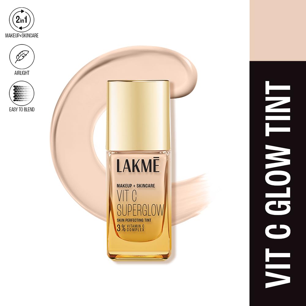 LAKME Makeup+Skincare, VitC Superglow Skin Perfecting Tint, Cool Ivory C100, 25ml