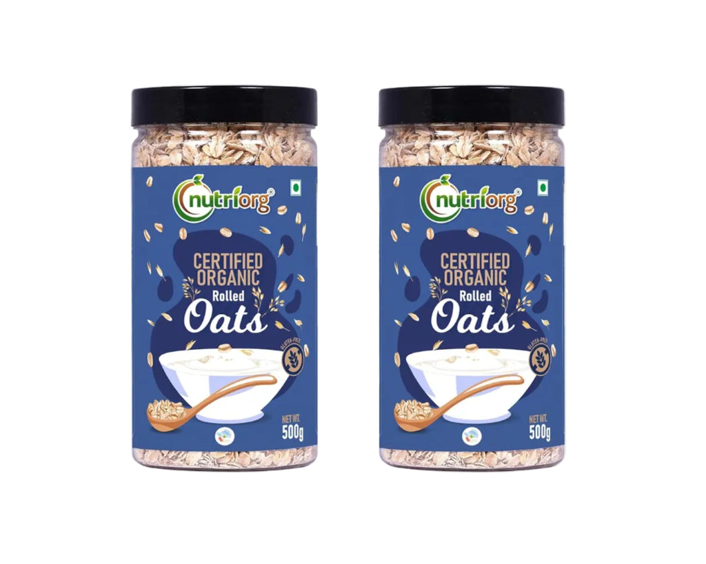 Nutriorg 100% Organic Rolled Oats 500gm | Pack of 2 | Gluten Free | High protein | Weight loss | Fibre Rich | Easy to Cook | Overnight Oats | Nutritional Breakfast Cereal Oats | Air Tight Plastic Jars