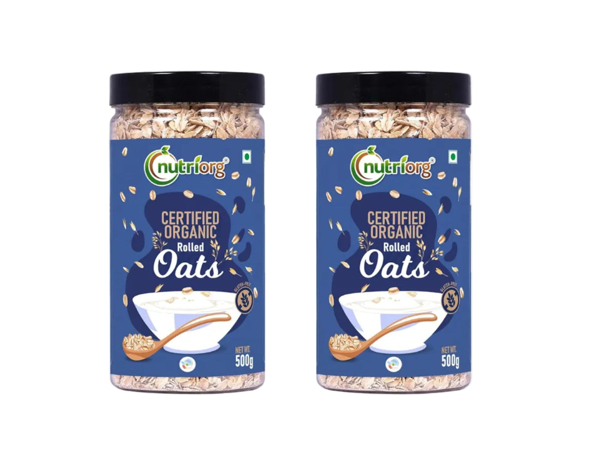 Nutriorg 100% Organic Rolled Oats 500gm | Pack of 2 | Gluten Free | High protein | Weight loss | Fibre Rich | Easy to Cook | Overnight Oats | Nutritional Breakfast Cereal Oats | Air Tight Plastic Jars