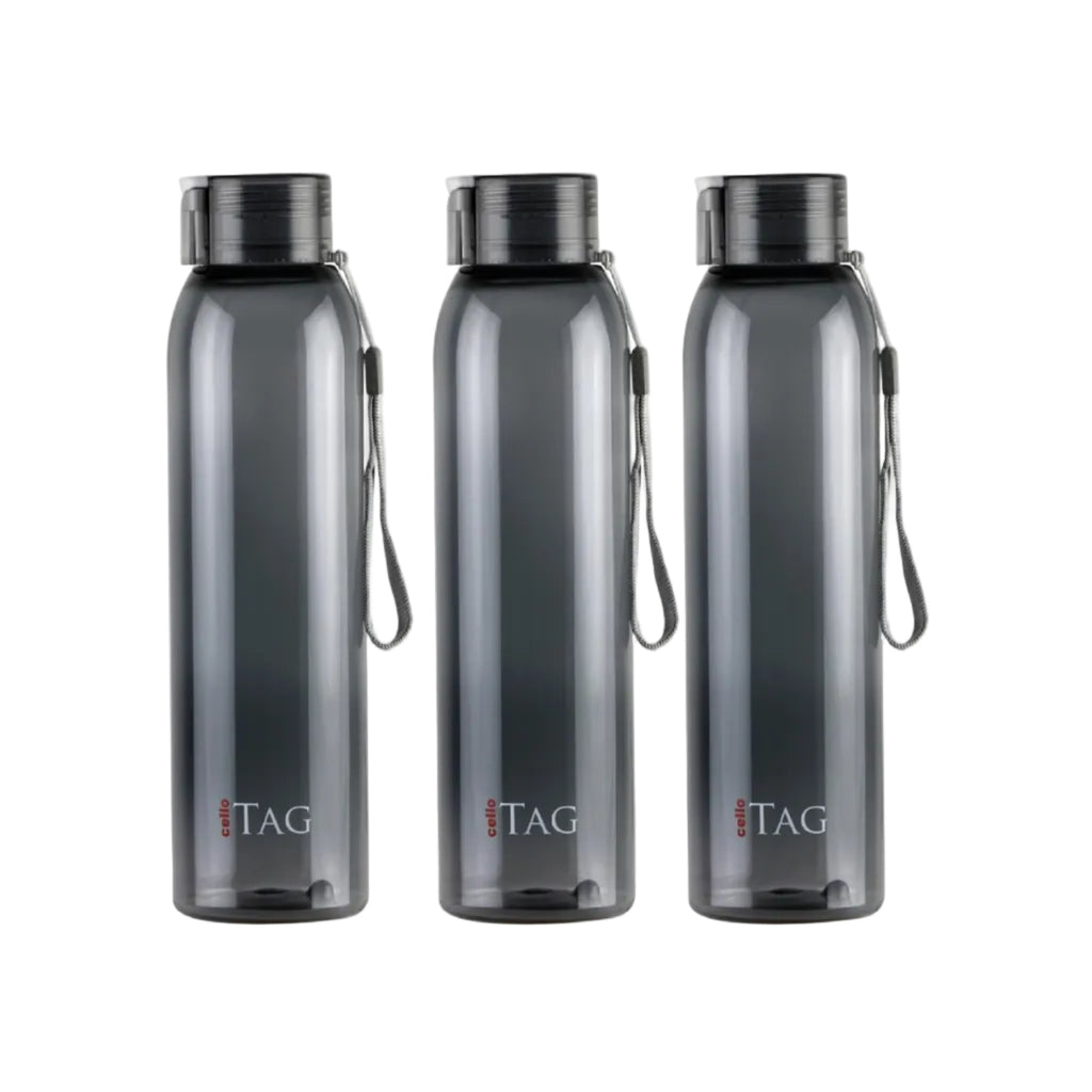CELLO My Tag PET Water Bottle | 100% food grade | Leak proof and Break proof | Set of 3-1000ml | Black