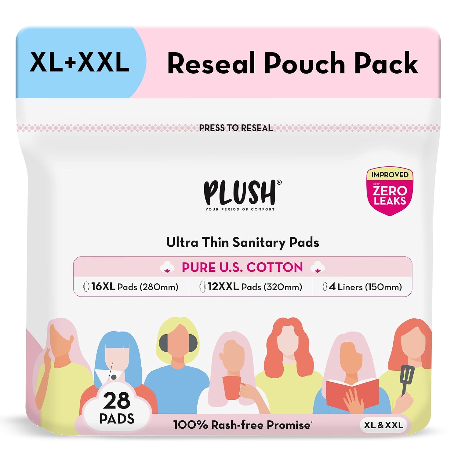 Plush Ultra-Thin Sanitary Pads for Women, 28 pcs (16 XL, 12 XXL & 4 Panty Liners) |Pure U.S. Cotton | Resealable SUPERSAVER Pack | No Fragrance or Toxic Chemicals