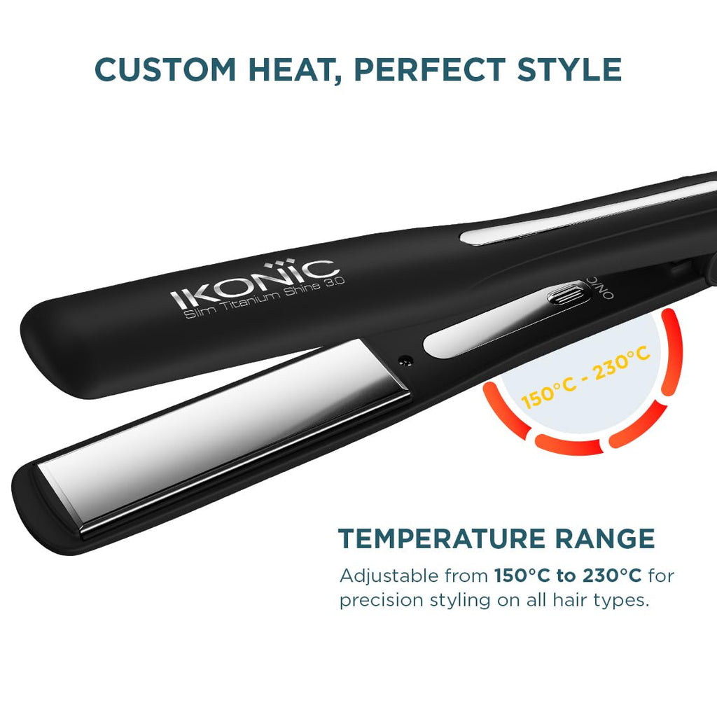Ikonic Slim Titanium Shine 3.0 Hair Straightener, Black| Dual Titanium Plates| Advanced Heat Technology