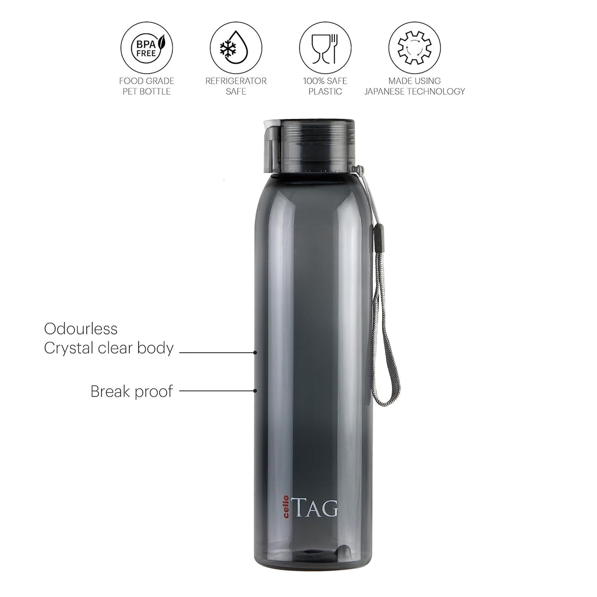 CELLO My Tag PET Water Bottle | 100% food grade | Leak proof and Break proof | Set of 3-1000ml | Black