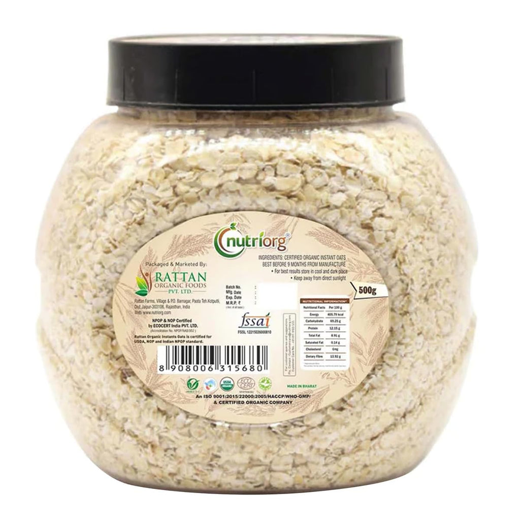 Nutriorg 100% Organic Rolled Oats 500gm | Pack of 2 | Gluten Free | High protein | Weight loss | Fibre Rich | Easy to Cook | Overnight Oats | Nutritional Breakfast Cereal Oats | Air Tight Plastic Jars