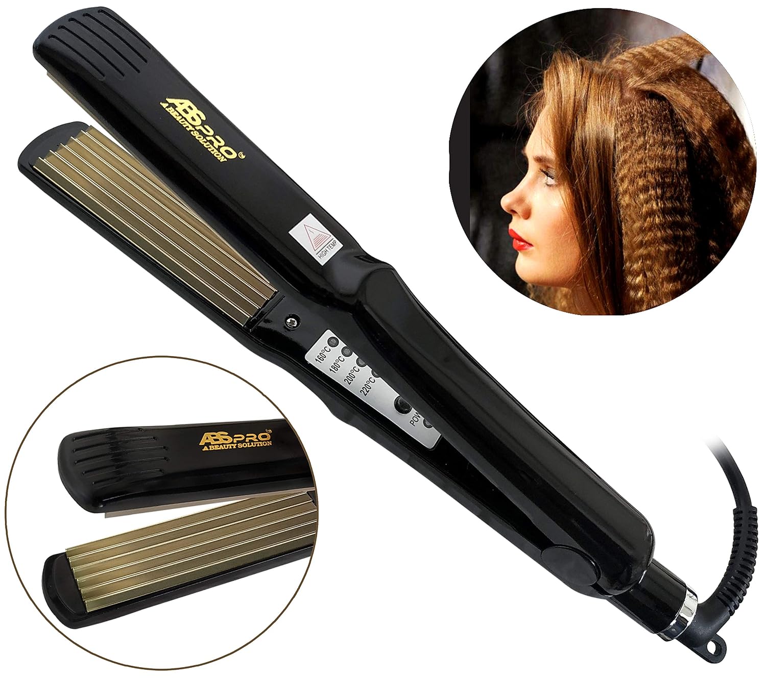 PROFESSIONAL FEEL ABS Pro Professional Electric Ceramic Corrugated Hair Crimper Curler Straightening Iron Wide Plates Waver Corn, Flat Irons Styling Tools with Fast Warm-up, Black