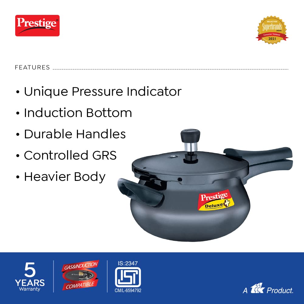 Prestige Deluxe Plus Hard Anodized Aluminium Junior Handi Pressure Cooker, 5 L Outer Lid Pressure Cooker - Black, 5 Liter