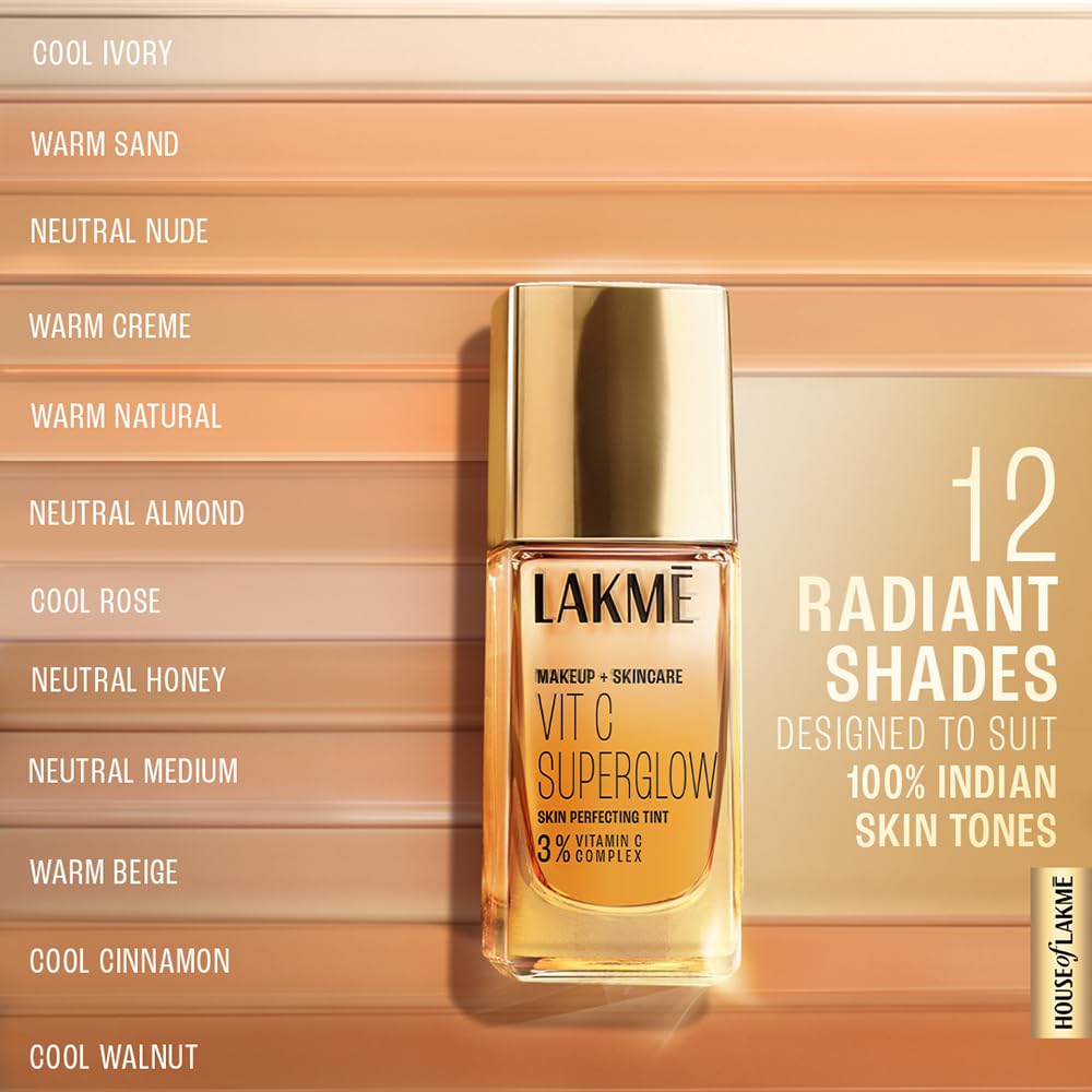 LAKME Makeup+Skincare, VitC Superglow Skin Perfecting Tint, Cool Ivory C100, 25ml