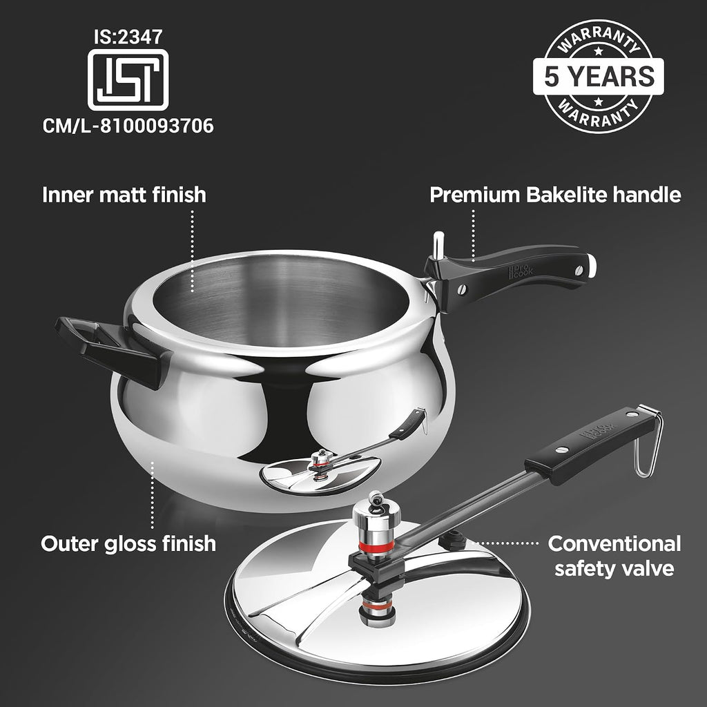 Milton Pro Cook Induction Cookware & Gas Stove Friendly Triply Stainless Steel Royal Curve Inner Lid Pressure Cooker 5 Litre | Even Heat Distribution |...