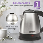 Borosil Stainless Steel 1350W Electric Kettle (1.5L) | Classic Design with Auto Shut-Off, Dry Boil Protection, and 360° Swivel Base for Hot Water, Tea, Coffee and Soup | 1 Year Warranty