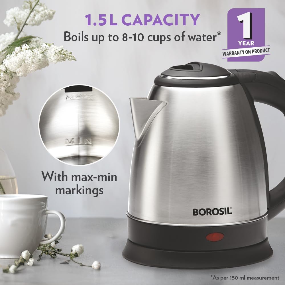 Borosil Stainless Steel 1350W Electric Kettle (1.5L) | Classic Design with Auto Shut-Off, Dry Boil Protection, and 360° Swivel Base for Hot Water, Tea, Coffee and Soup | 1 Year Warranty