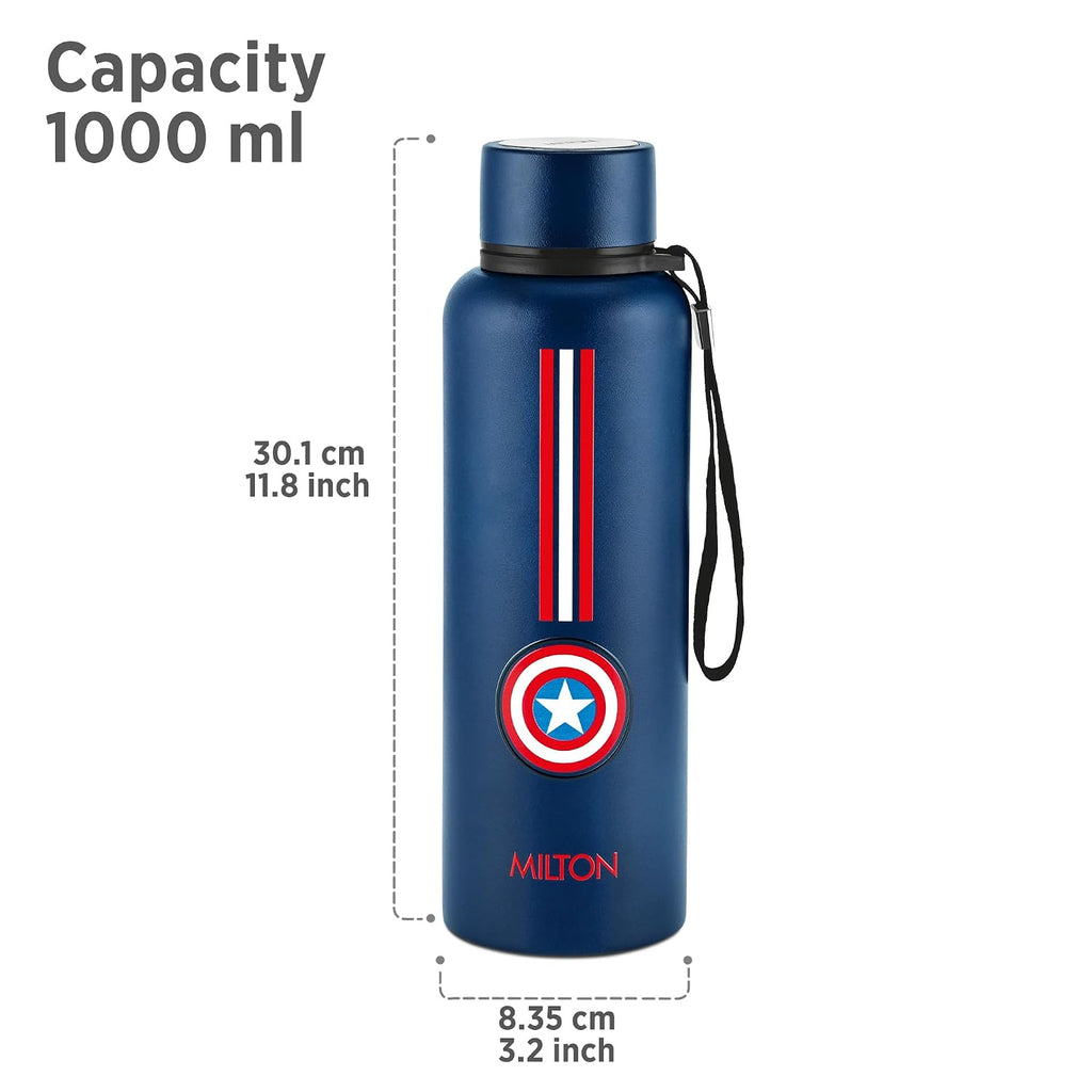 Milton Artedge 1000 Thermosteel ISI Certified Water Bottle, 1000 ml Stainless Steel, 24 Hr Hot and Cold I Leak Proof, Vacuum Insulation, for Office, School, Gym, Dark Blue Captain America