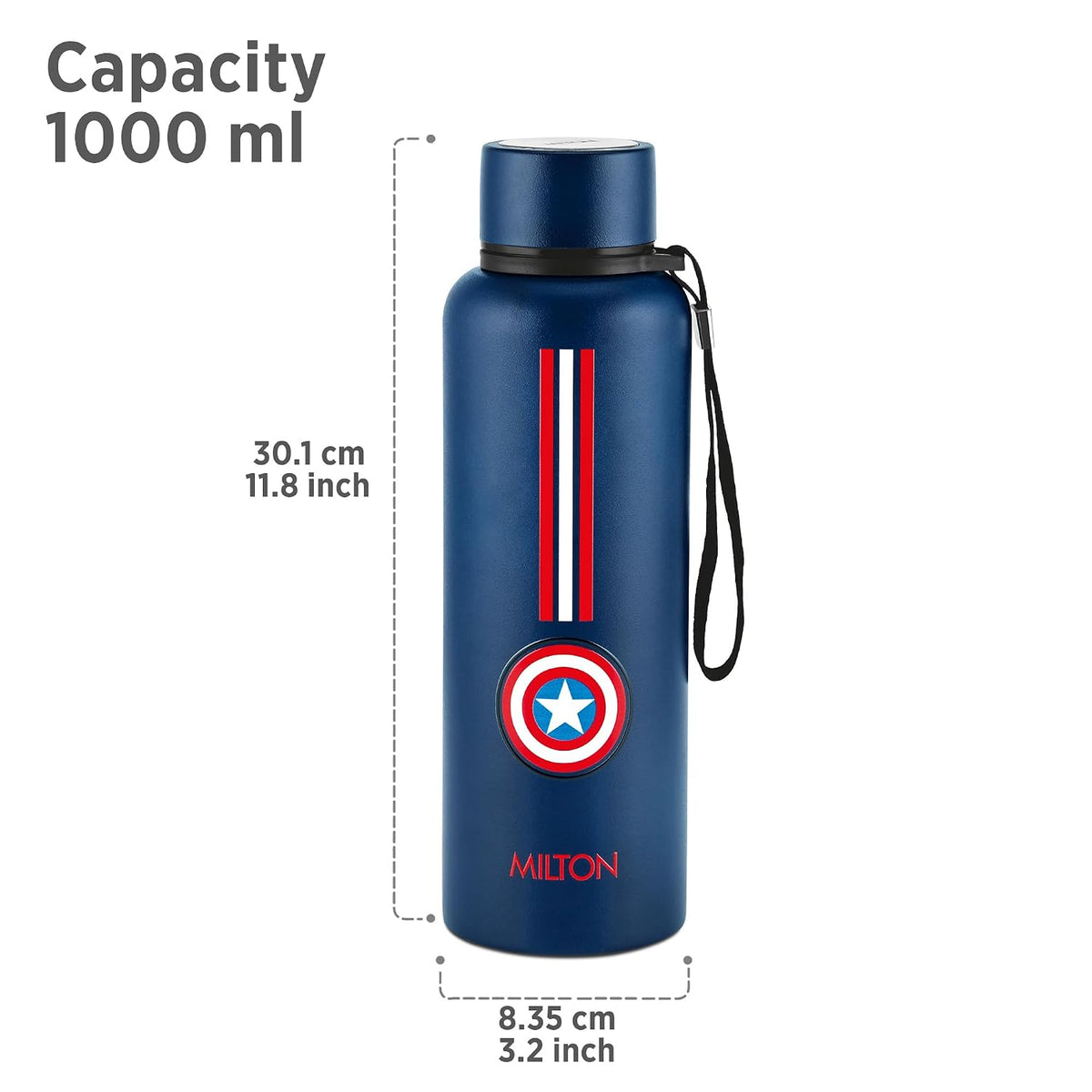 Milton Artedge 1000 Thermosteel ISI Certified Water Bottle, 1000 ml Stainless Steel, 24 Hr Hot and Cold I Leak Proof, Vacuum Insulation, for Office, School, Gym, Dark Blue Captain America