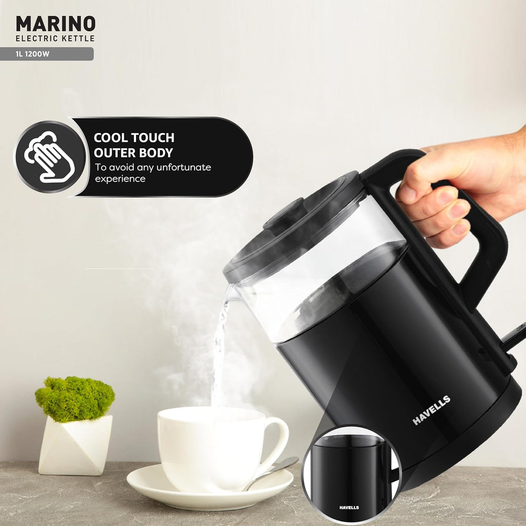 Havells MARINO Low Noise Glass Electric Kettle 1L|1200W Borosilicate Glass inner & Cool Touch Outer Body| Detachable LID|304 Rust Resistant SS Base|2 Yr Manufacturer Warranty (Black)