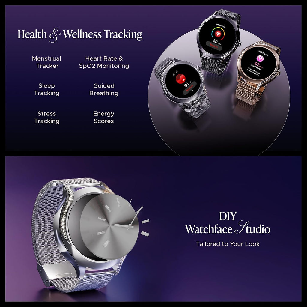 boAt Enigma Gem Women's Luxury Smart Watch w/ 1.19” (3.02cm) AMOLED Display, Emergency SOS Live Location Sharing, Female Wellness, Watch Face Studio, BT Calling, Watch for Woman (Metallic Silver)