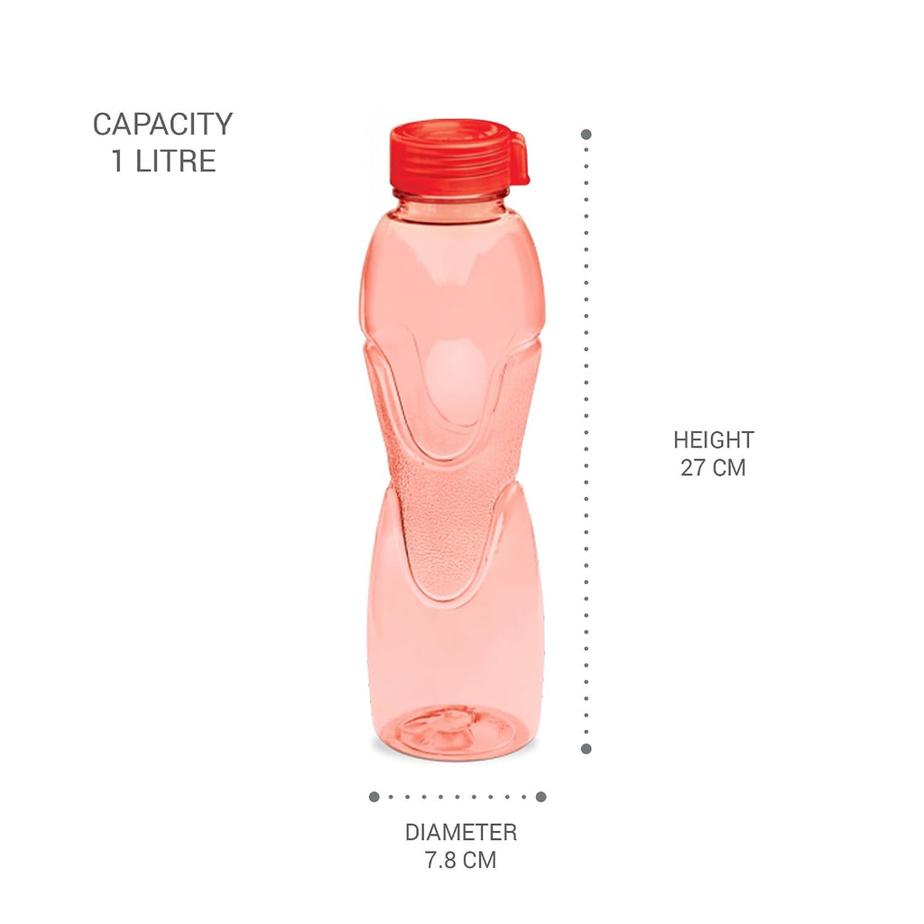 MILTON Mayo PET Water Bottle Set of 6 | BPA Free, Food Grade Plastic | Leak-Proof, Unbreakable & Reusable | Ideal for Fridge, Office, School & Home Use, 1 Litre Each, Red