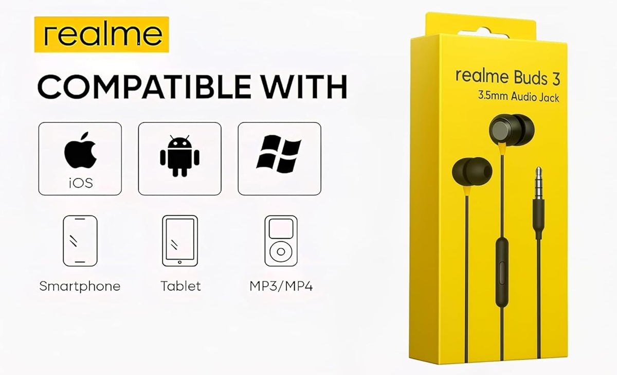 realme Buds 3 Wired Earphones with Mic (Black) | 9mm Dynamic Driver | 3.5mm Jack | Single Button Control | Braided Tangle-Free Cable | Model RMA2419 (Buds 3 3.5mm Wired Earphone, Color Black) In Ear