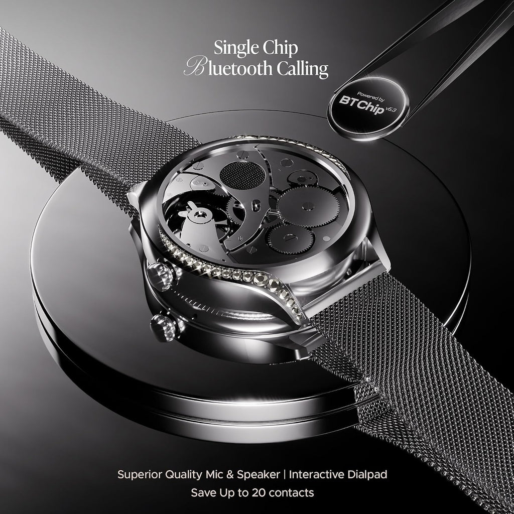 boAt Enigma Gem Women's Luxury Smart Watch w/ 1.19” (3.02cm) AMOLED Display, Emergency SOS Live Location Sharing, Female Wellness, Watch Face Studio, BT Calling, Watch for Woman (Metallic Silver)