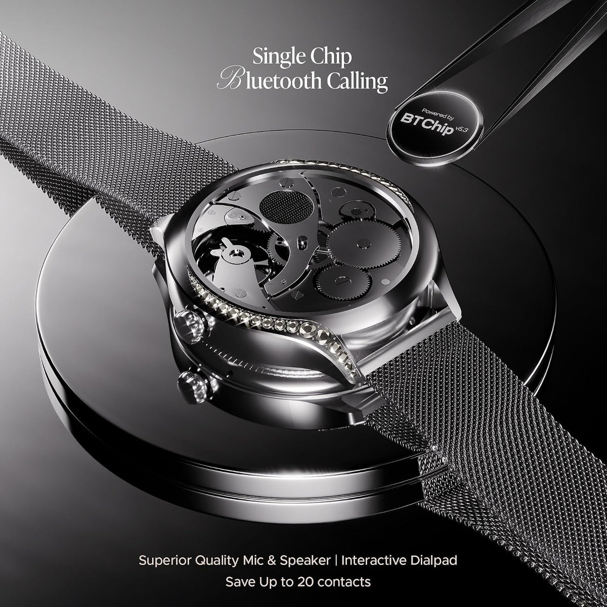 boAt Enigma Gem Women's Luxury Smart Watch w/ 1.19” (3.02cm) AMOLED Display, Emergency SOS Live Location Sharing, Female Wellness, Watch Face Studio, BT Calling, Watch for Woman (Metallic Silver)