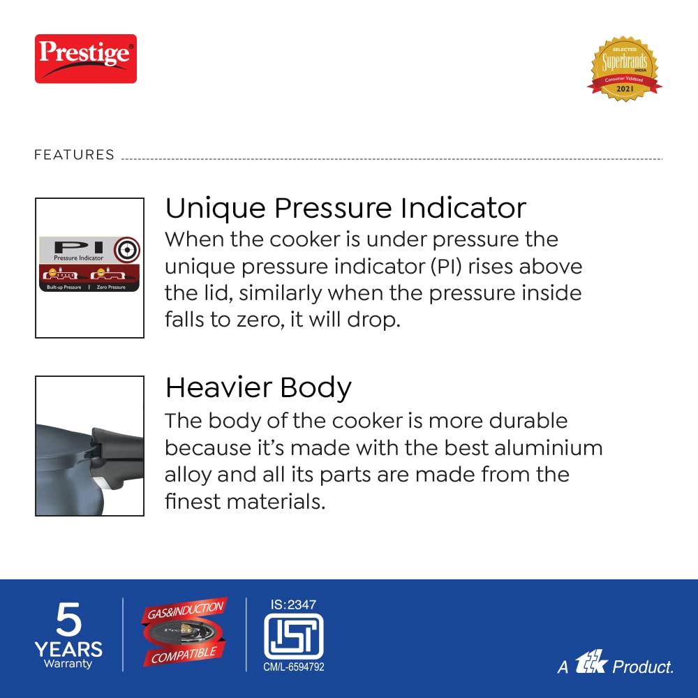Prestige Deluxe Plus Hard Anodized Aluminium Junior Handi Pressure Cooker, 5 L Outer Lid Pressure Cooker - Black, 5 Liter