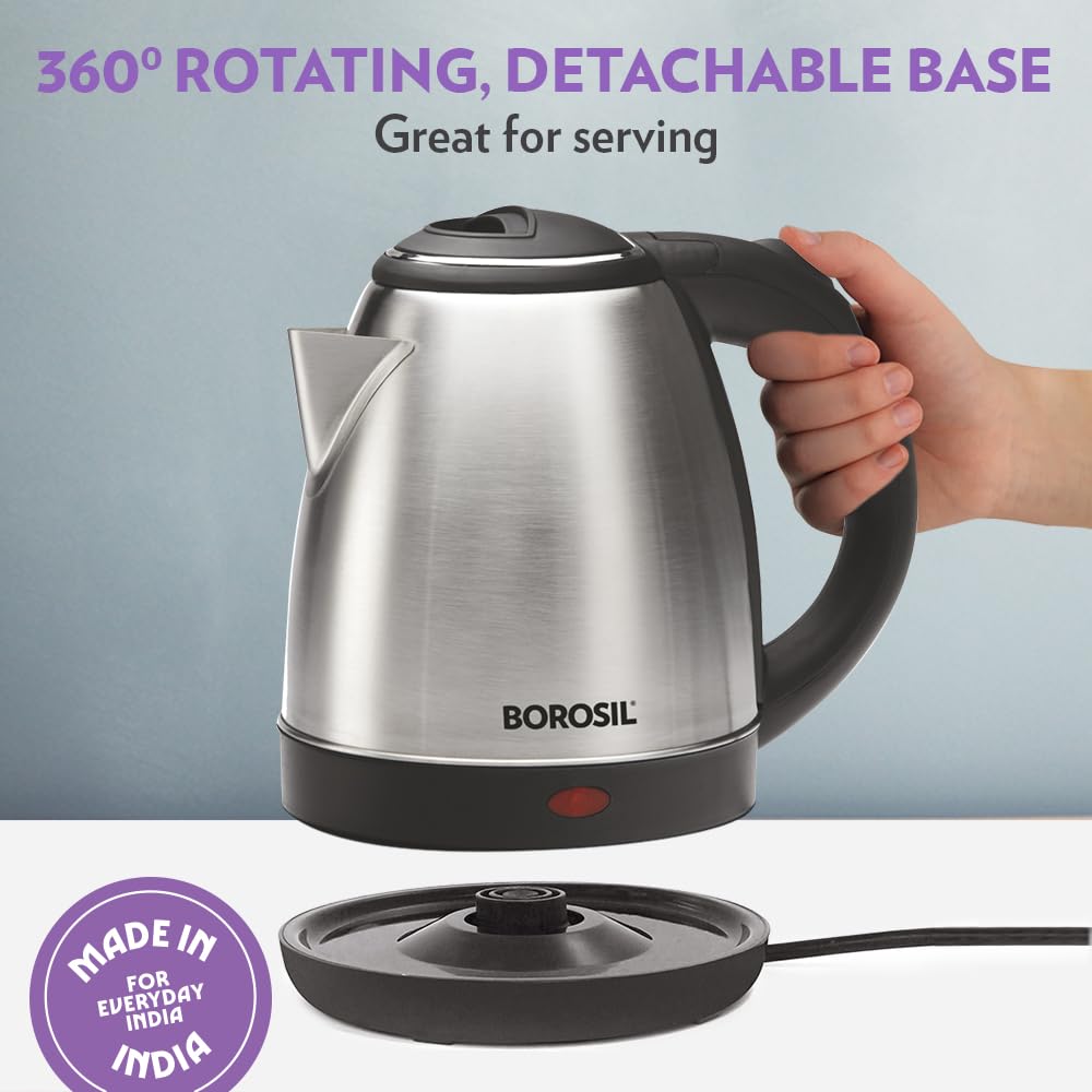 Borosil Stainless Steel 1350W Electric Kettle (1.5L) | Classic Design with Auto Shut-Off, Dry Boil Protection, and 360° Swivel Base for Hot Water, Tea, Coffee and Soup | 1 Year Warranty