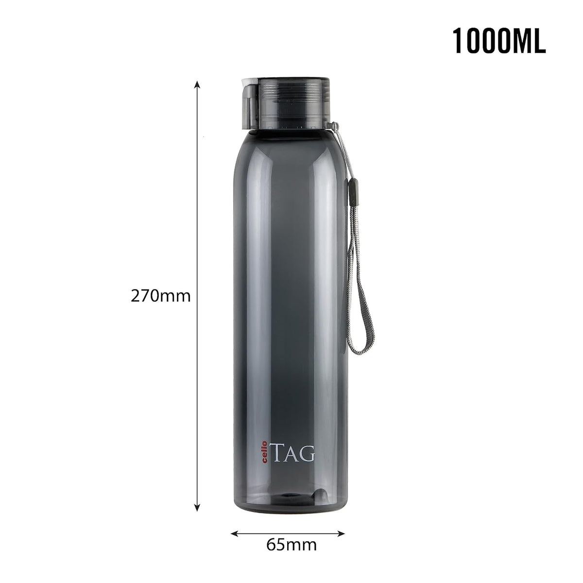 CELLO My Tag PET Water Bottle | 100% food grade | Leak proof and Break proof | Set of 3-1000ml | Black