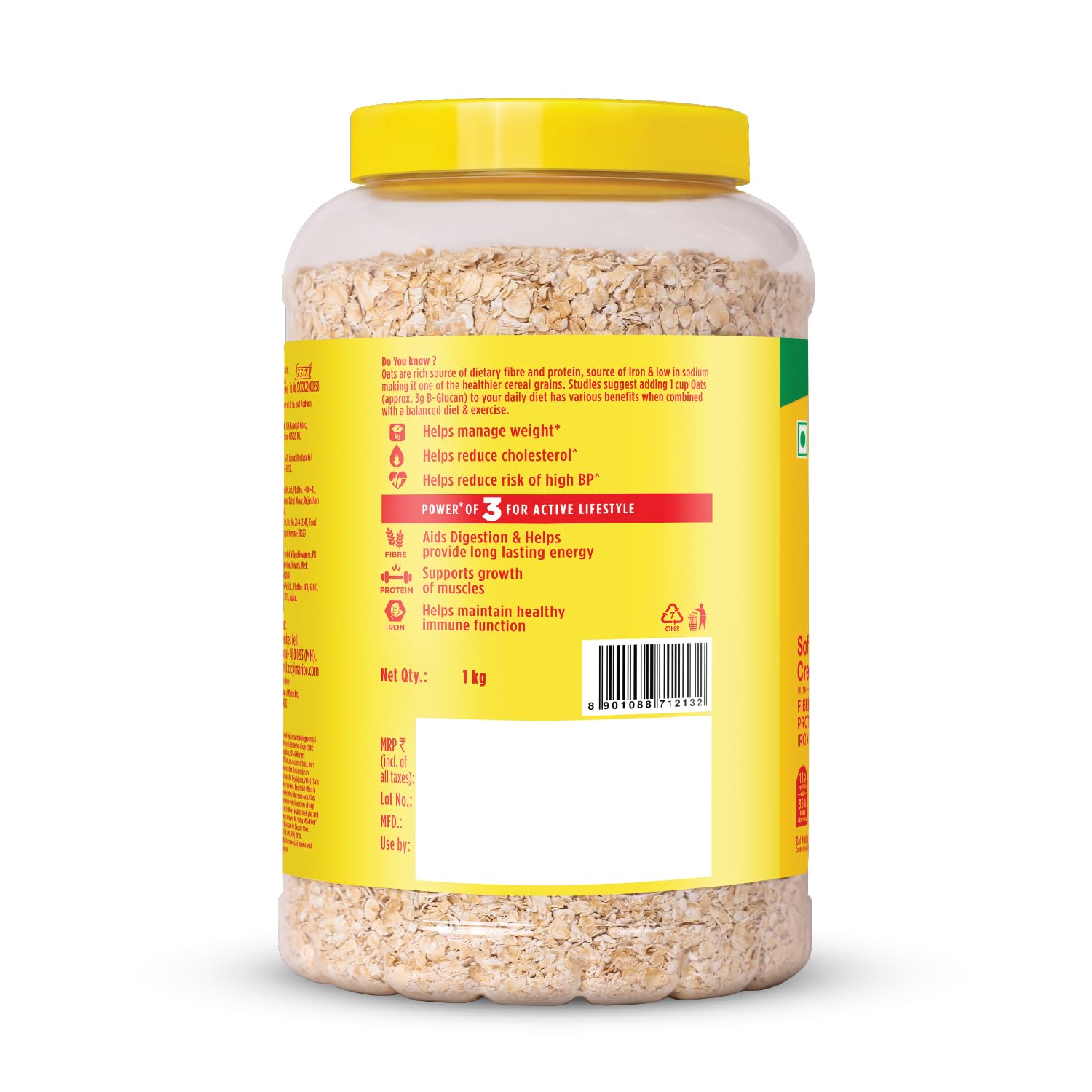 Saffola Rolled Oats | 1kg Jar | Soft & Creamy | Power of Protein, Iron & Fibre, Nutritious grain | No added sugar & Preservatives | Helps manage weight | Aids Digestion (Pack of 3)