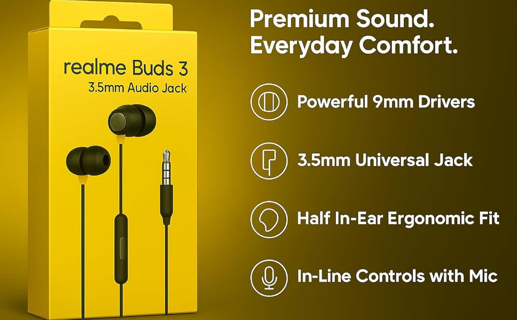 realme Buds 3 Wired Earphones with Mic (Black) | 9mm Dynamic Driver | 3.5mm Jack | Single Button Control | Braided Tangle-Free Cable | Model RMA2419 (Buds 3 3.5mm Wired Earphone, Color Black) In Ear