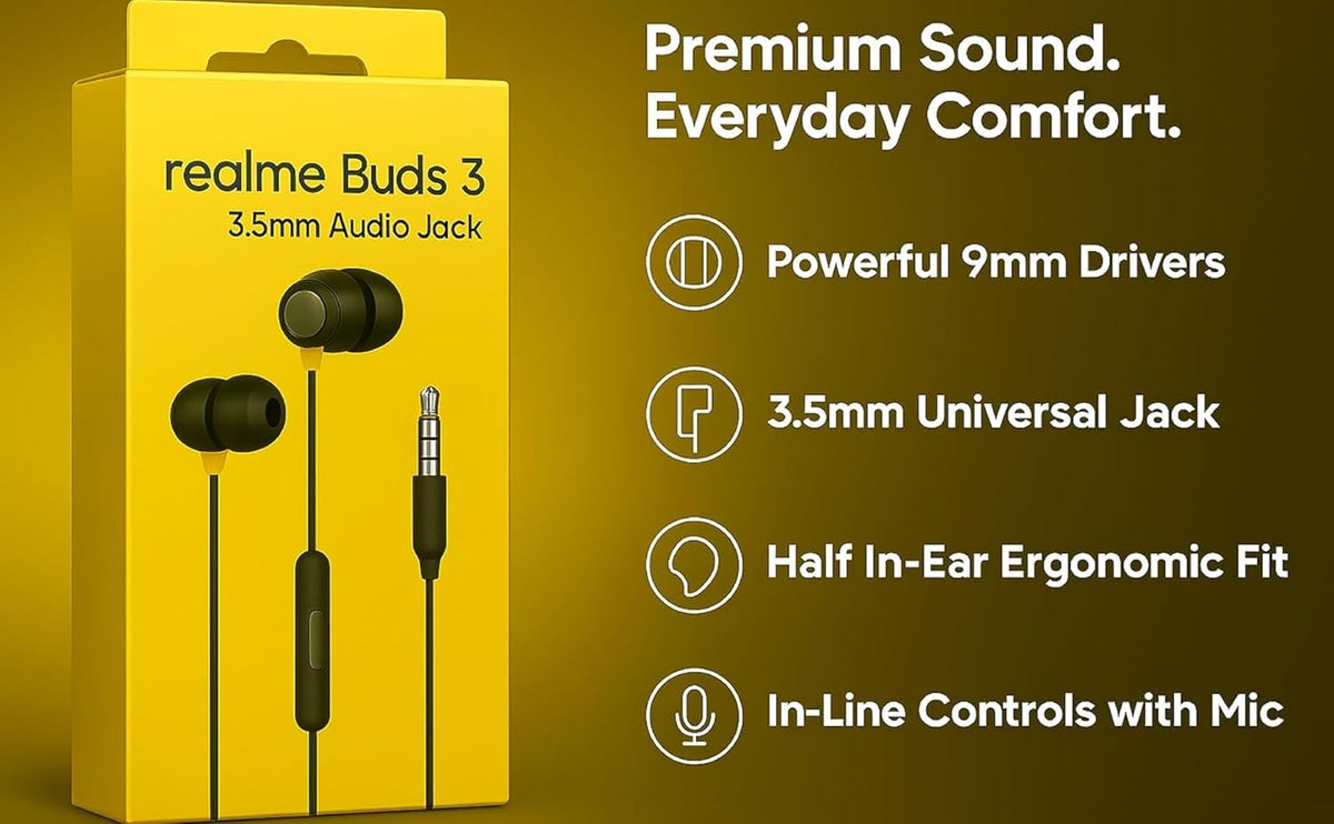 realme Buds 3 Wired Earphones with Mic (Black) | 9mm Dynamic Driver | 3.5mm Jack | Single Button Control | Braided Tangle-Free Cable | Model RMA2419 (Buds 3 3.5mm Wired Earphone, Color Black) In Ear