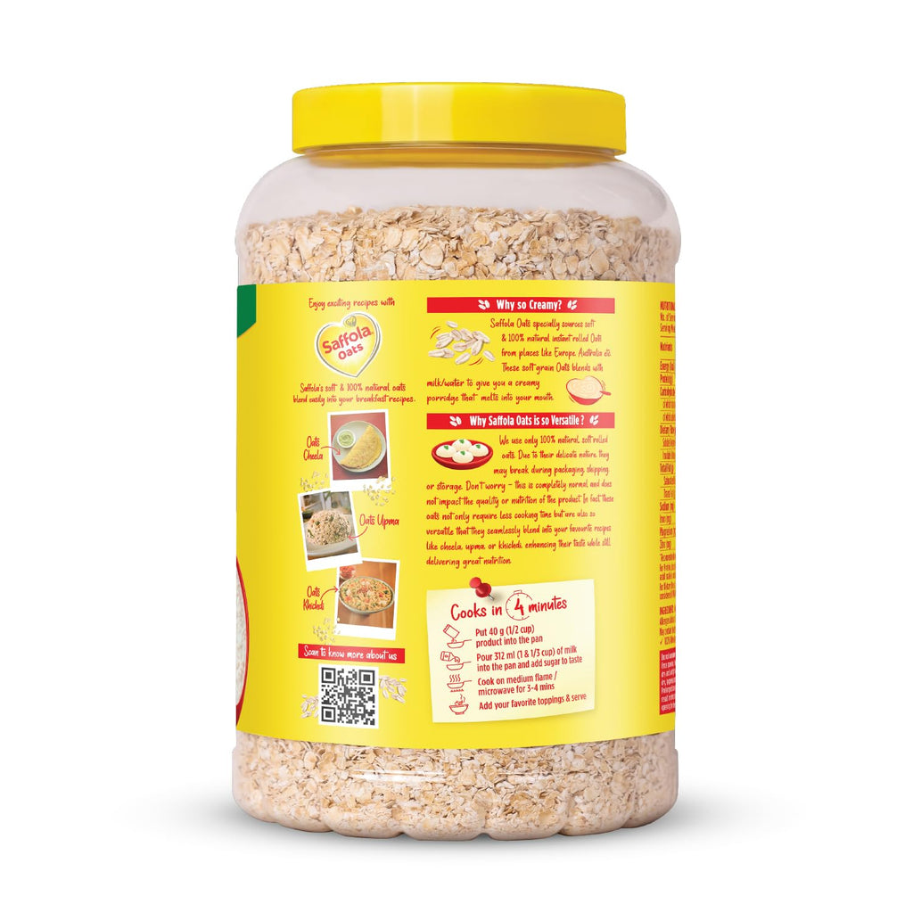 Saffola Rolled Oats | 1kg Jar | Soft & Creamy | Power of Protein, Iron & Fibre, Nutritious grain | No added sugar & Preservatives | Helps manage weight | Aids Digestion (Pack of 3)