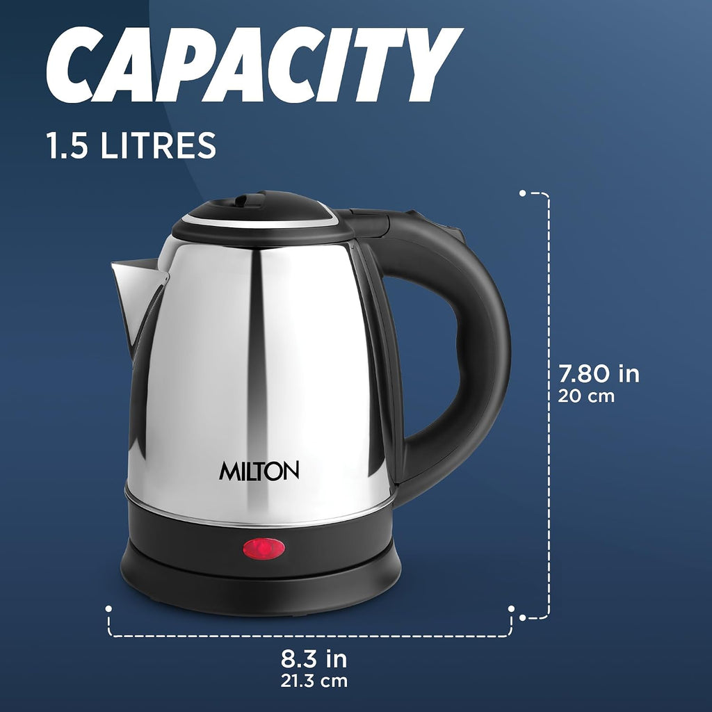Milton Appliances Go Electric Kettle 1.5 Litre I 3X Protection - Dry Boil, Auto Shut Off, Overheat I 1350 Watt I Super Fast Boiling I Stainless Steel I 360° Power Base I 1 Year Warranty