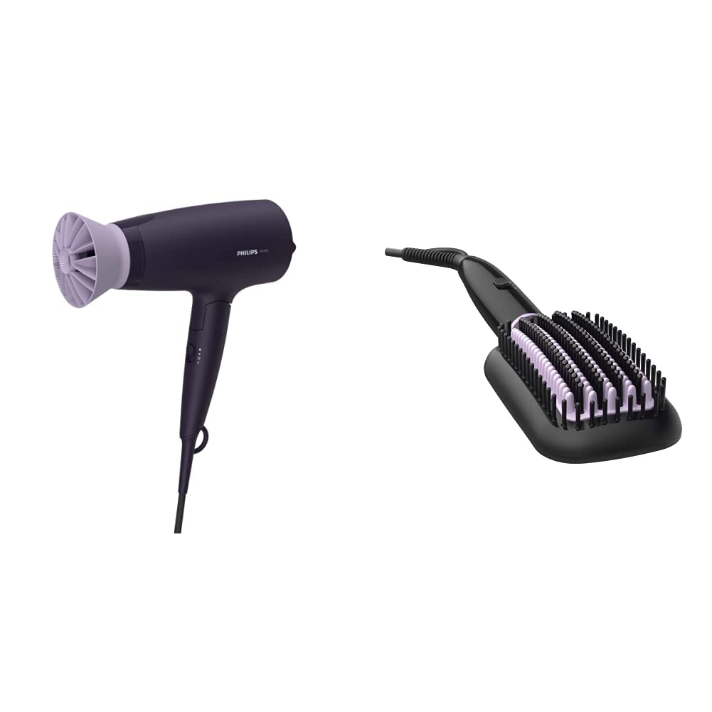 PHILIPS BHD318/00 1600 Watts Hair Dryer, Thermoprotect AirFlower Advanced Ionic Care 3 Heat Settings Purple and BHH880/10 50 Watts Hair Straightening Brush with Keratin Infused Bristles Black